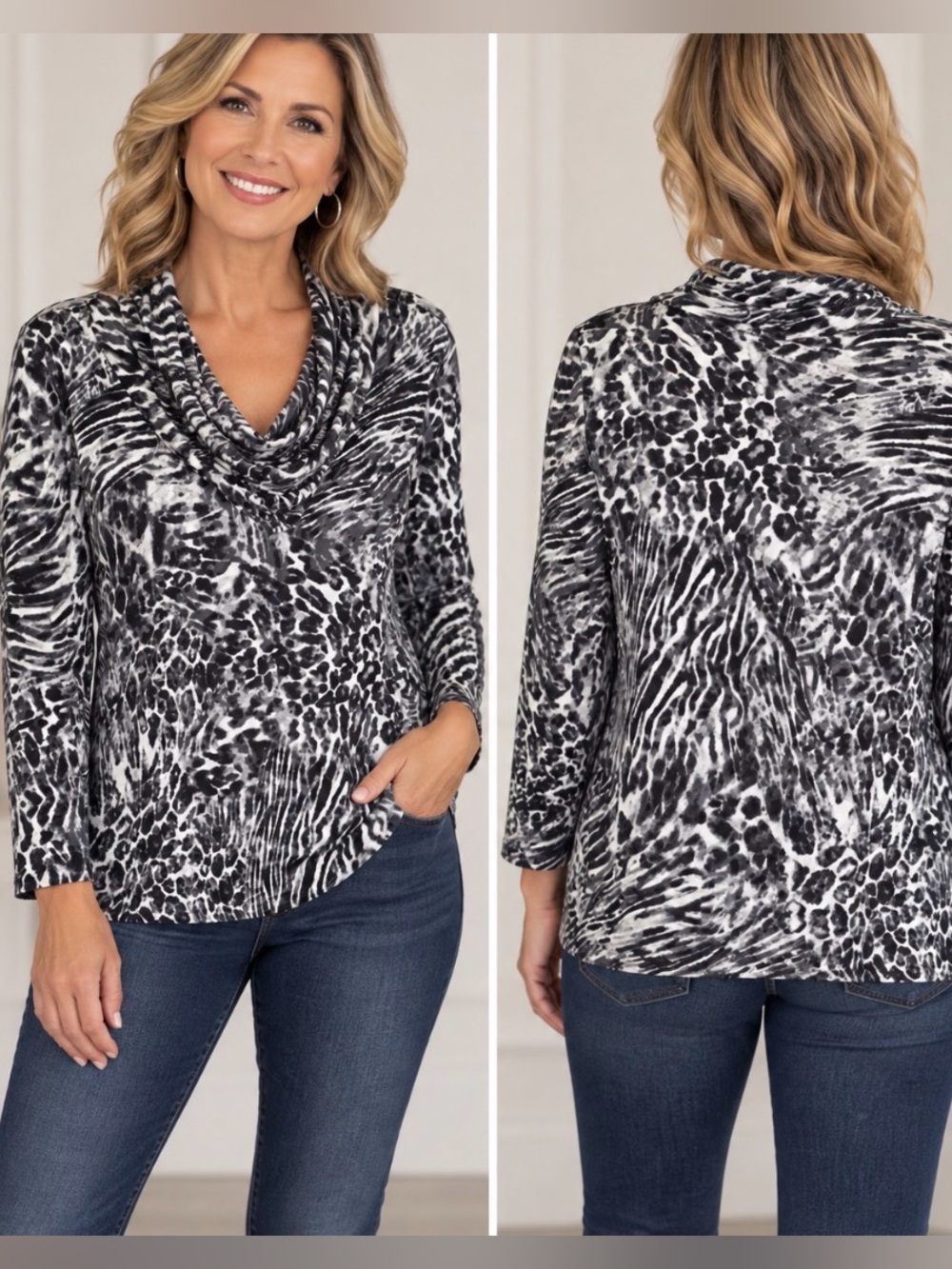 Chico’s Size 3, XL Drap Neck Jersey Black Gary Tunic Top